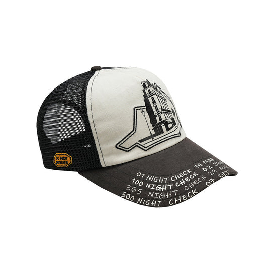 LOUNGE distressed canvas trucker hat three-quarter view on white background