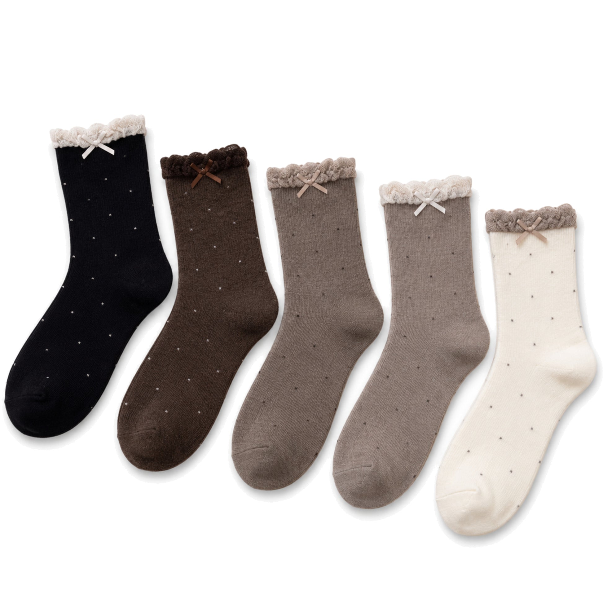 BALLERINA five-pair polka dot bow lace-trim sock set