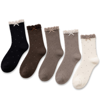 BALLERINA five-pair polka dot bow lace-trim sock set