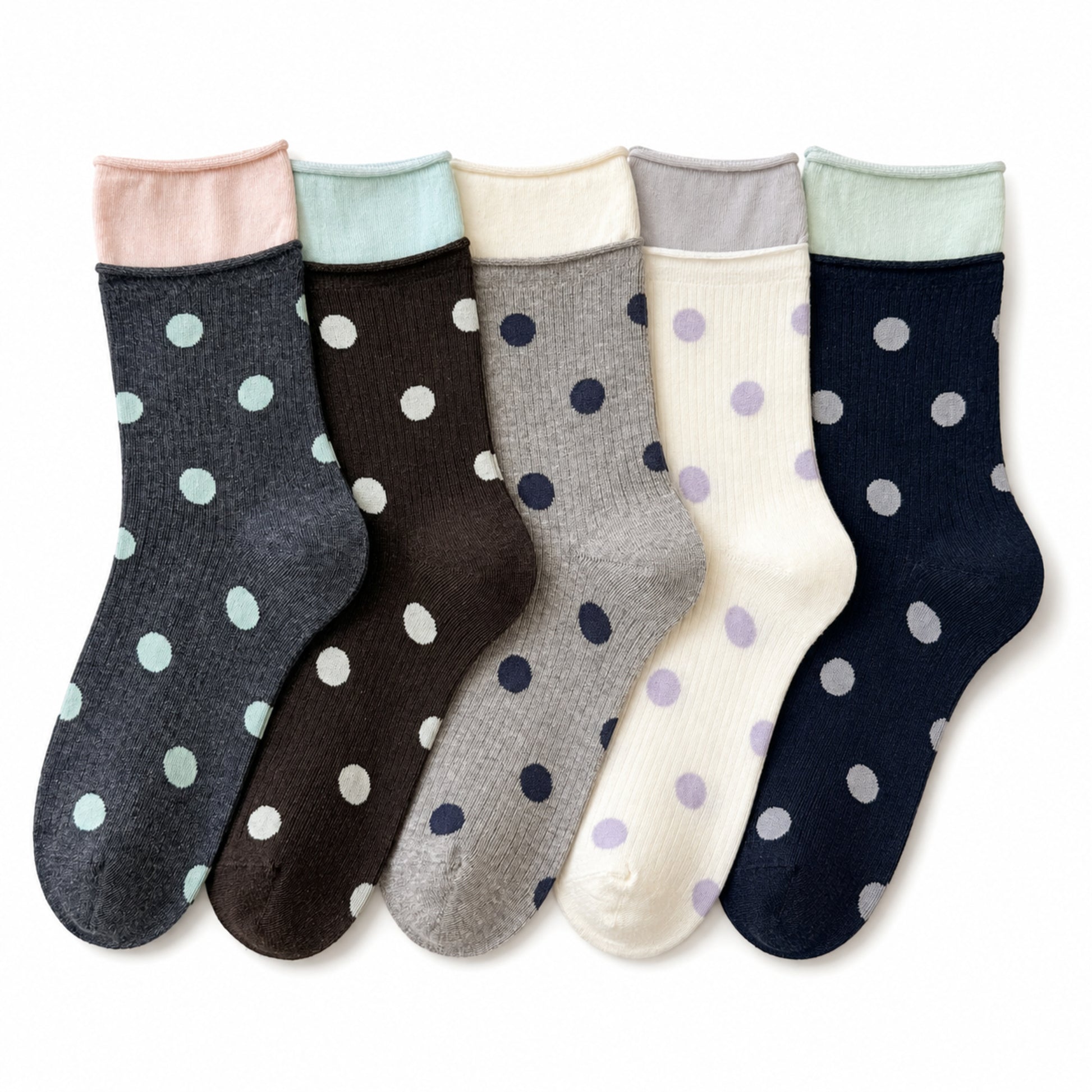 DOTLINE five-pair contrast polka dot crew sock set
