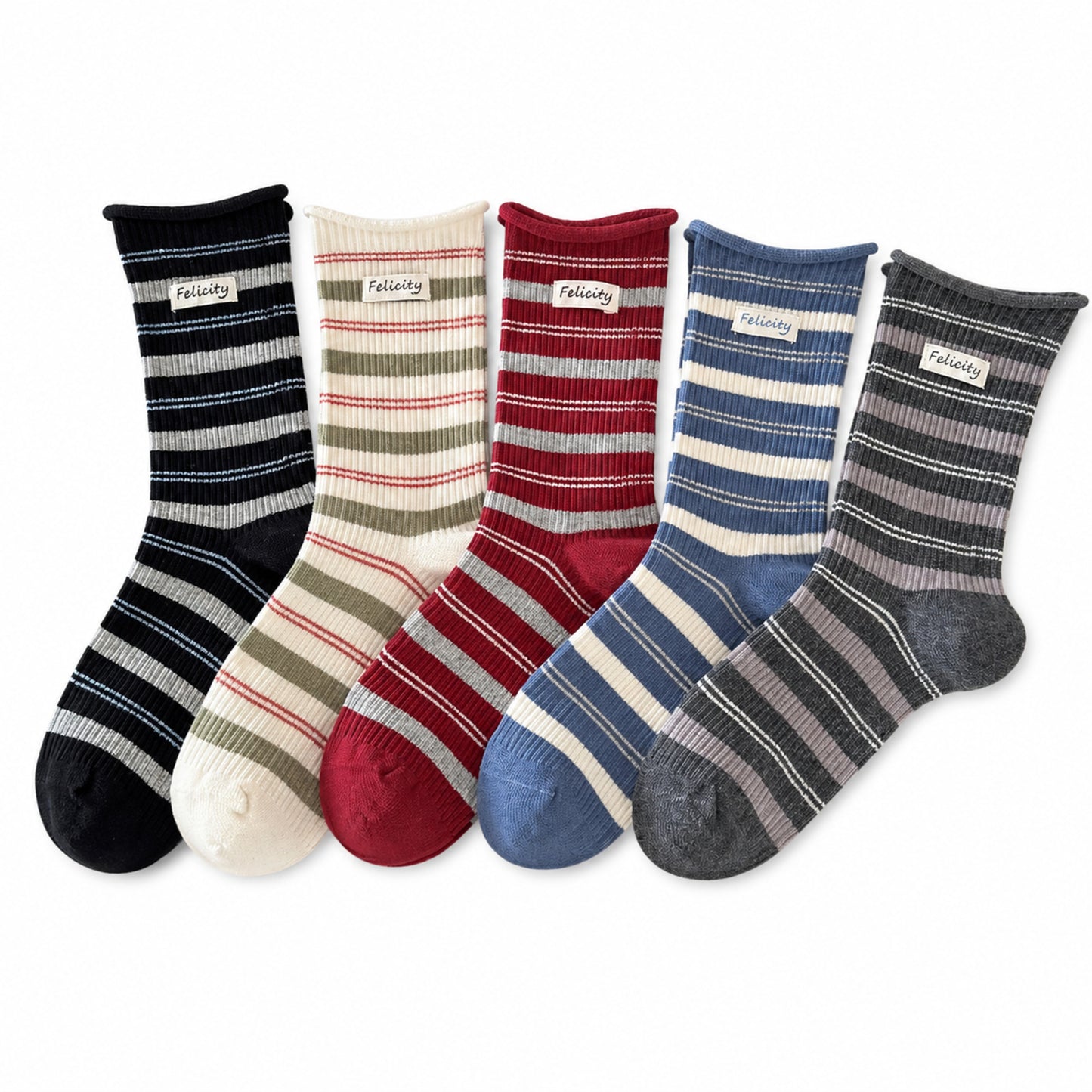 FELICITY five-pair vintage striped cotton crew sock set