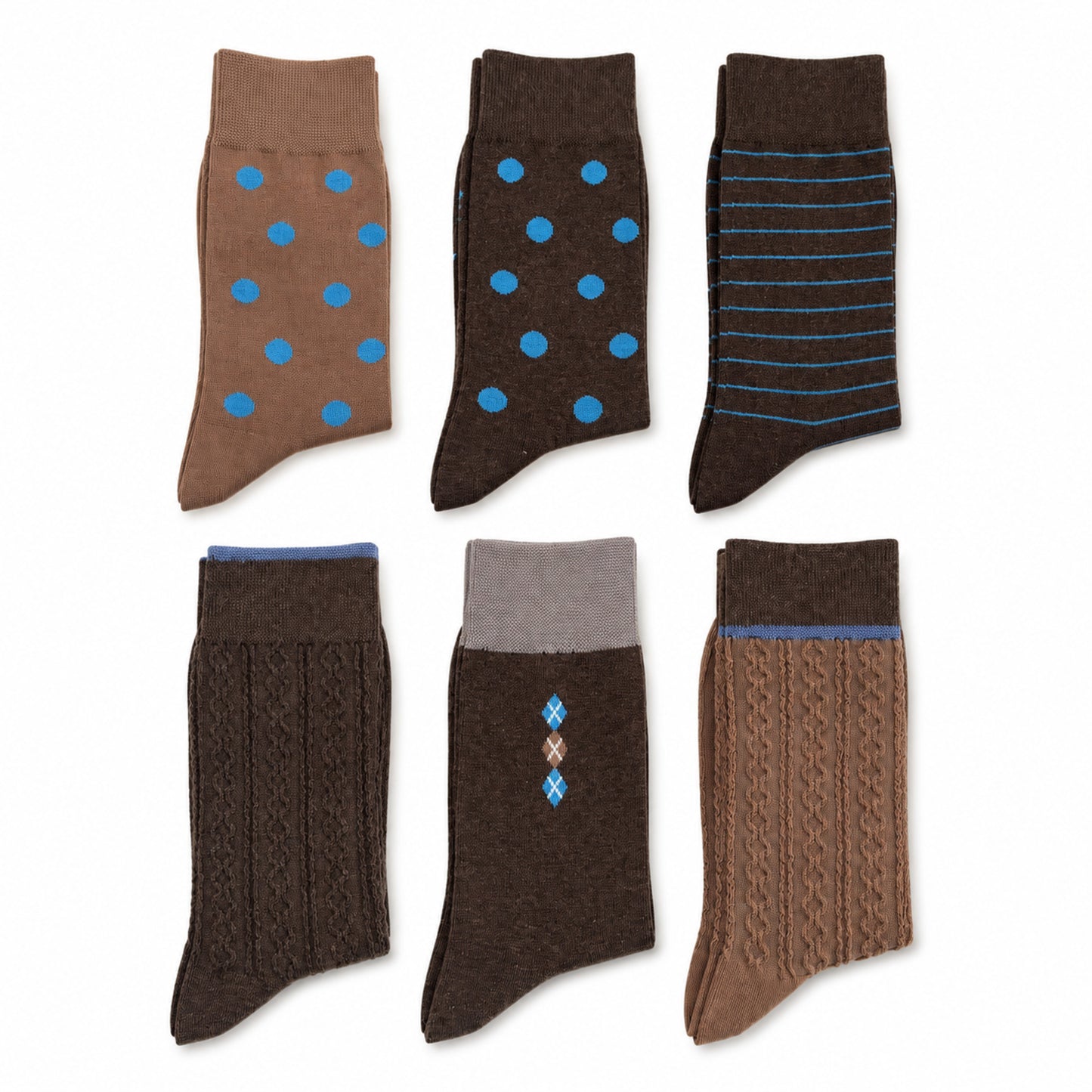 HERITAGE six-pair textured crew sock set in khaki, coffee brown and blue