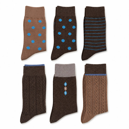 HERITAGE six-pair textured crew sock set in khaki, coffee brown and blue