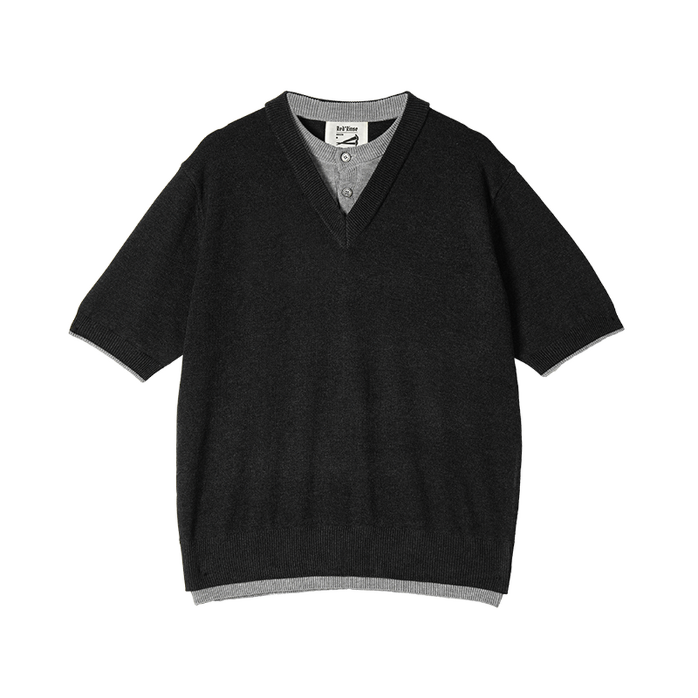 REDRINSE LAYERS dark gray double-collar wool-blend knit T-shirt front view
