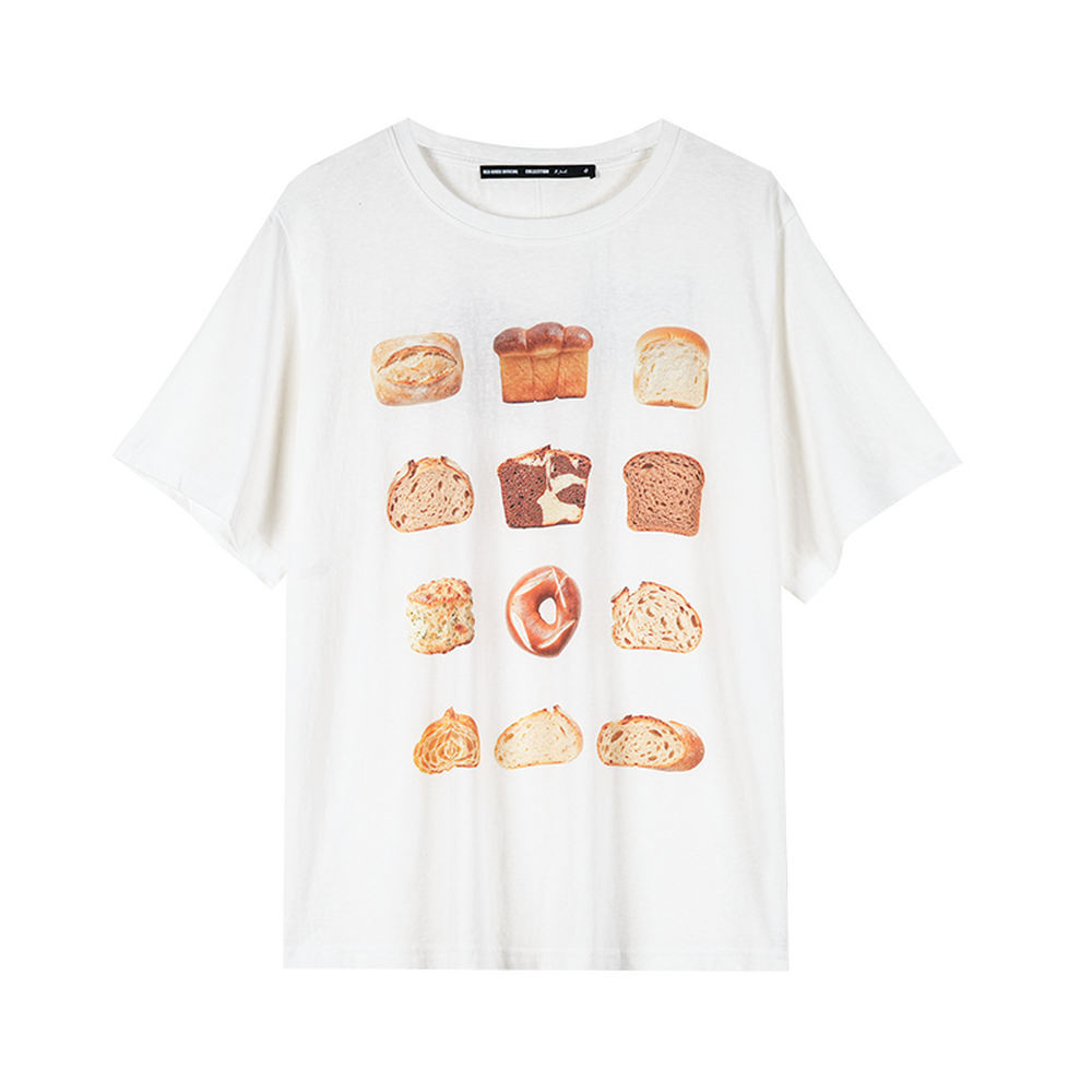 LOAF white slub cotton T-shirt with vintage bread prints, front view