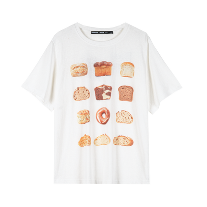 LOAF white slub cotton T-shirt with vintage bread prints, front view