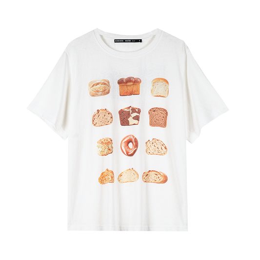 LOAF white slub cotton T-shirt with vintage bread prints, front view
