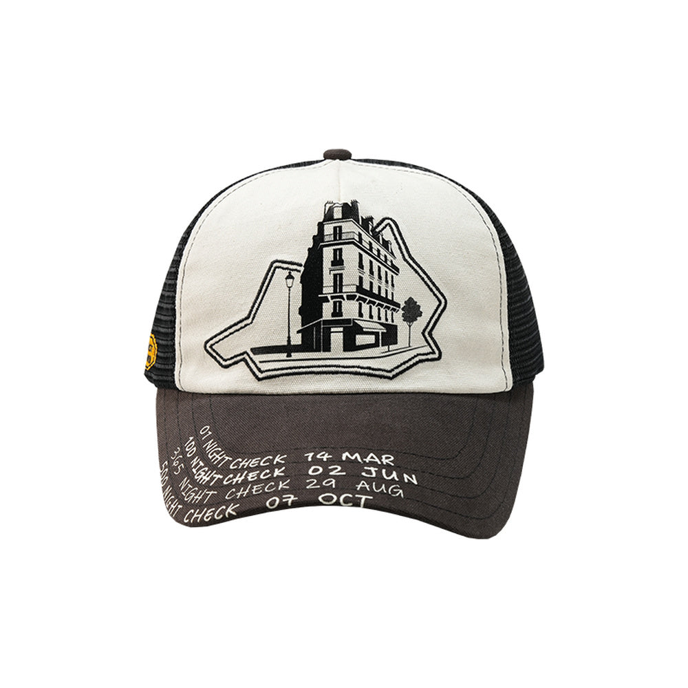 LOUNGE distressed canvas trucker hat front view on white background