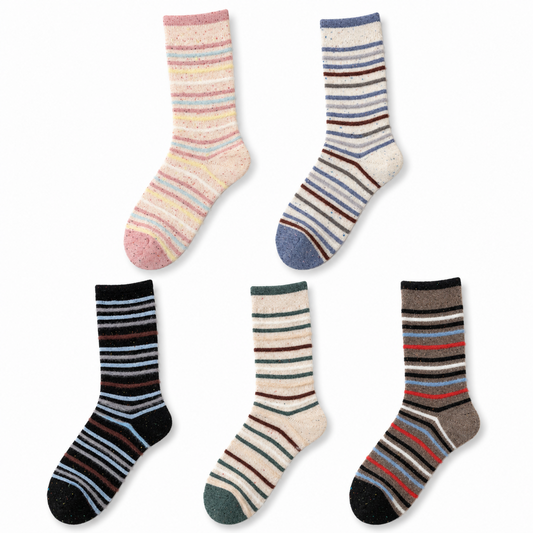 NOVA striped wool-blend socks in five colorways on a white background