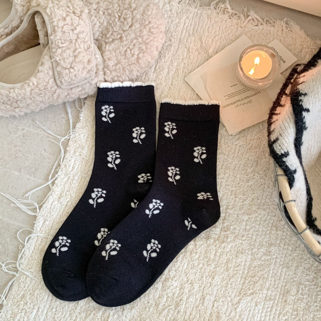 Black and deep coffee floral cashmere-blend socks