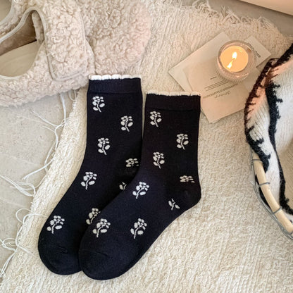 Black and deep coffee floral cashmere-blend socks