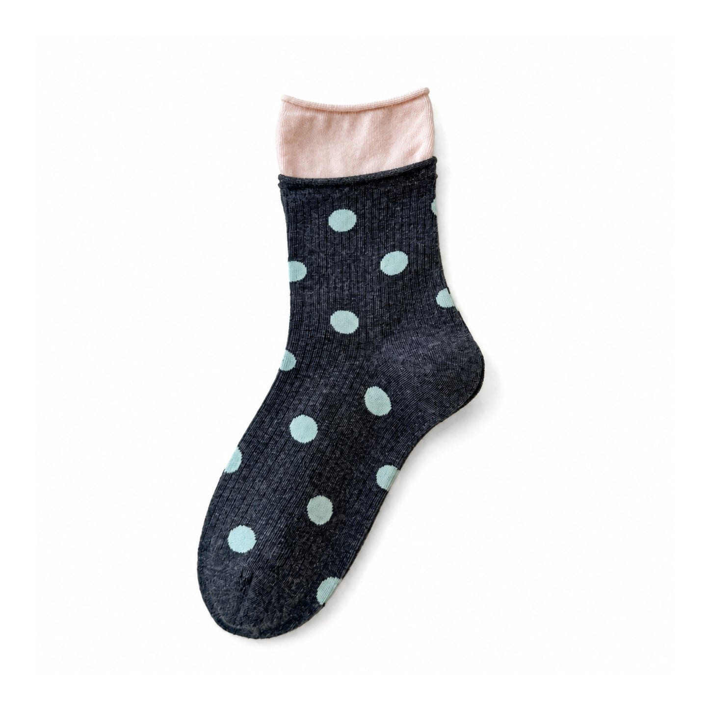 DOTLINE charcoal socks with mint dots and dusty pink cuff