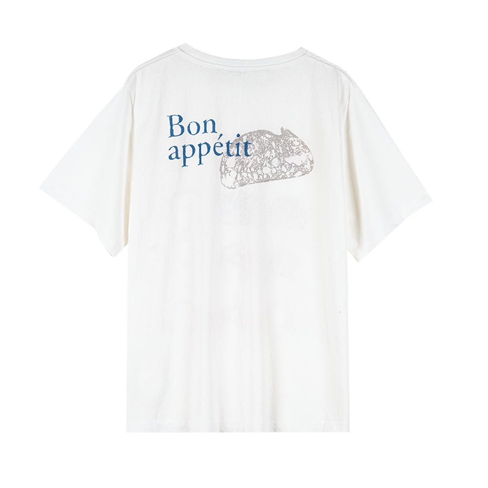 LOAF white slub cotton T-shirt with Bon appétit bread graphic, back view