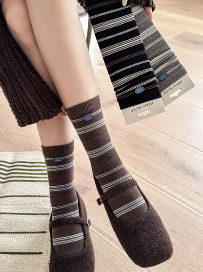 CHARM original brown stripe slouch socks styled on model