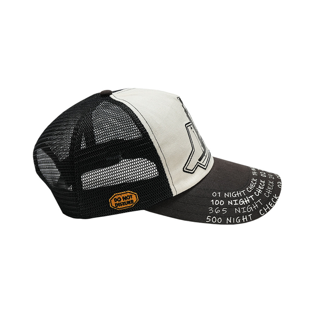 LOUNGE distressed canvas trucker hat side view on white background