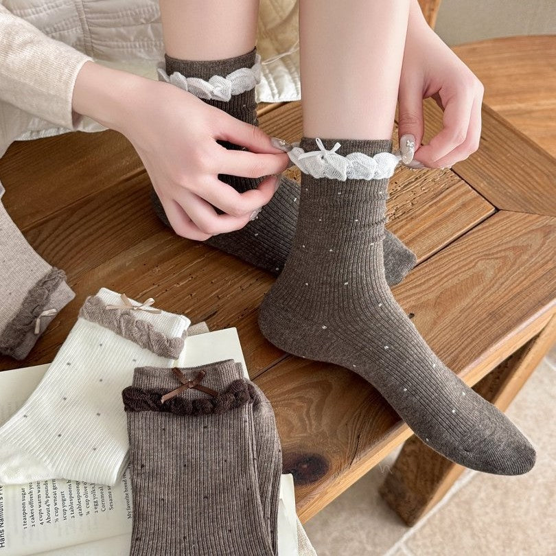 BALLERINA original lace-trim polka dot socks worn on model