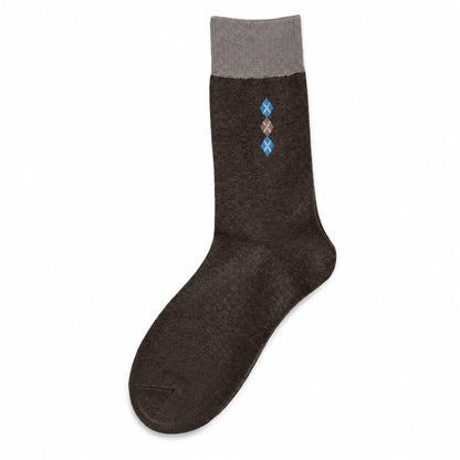 Dark coffee crew socks with gray cuff and blue argyle detail