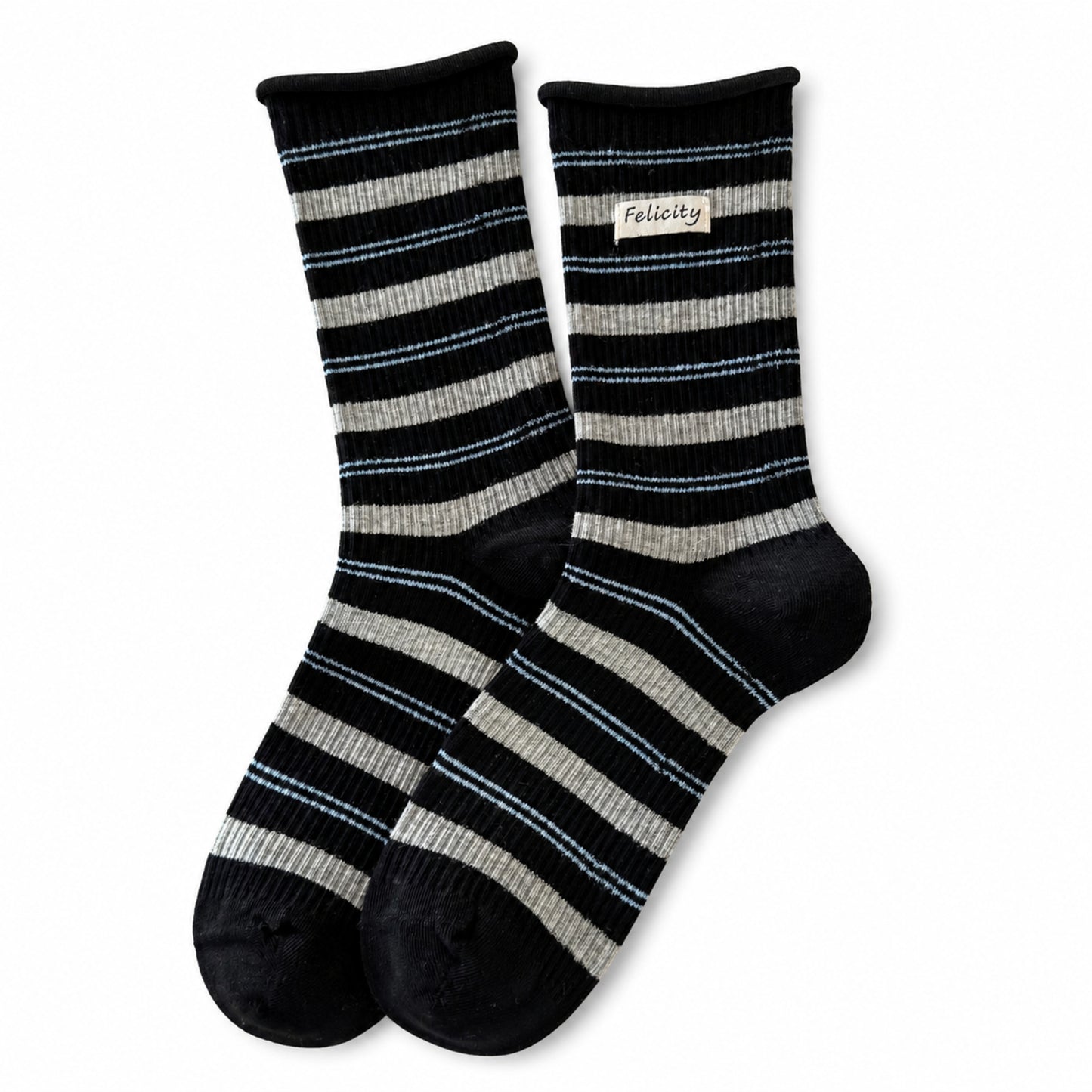 Black and gray striped cotton crew socks with woven label