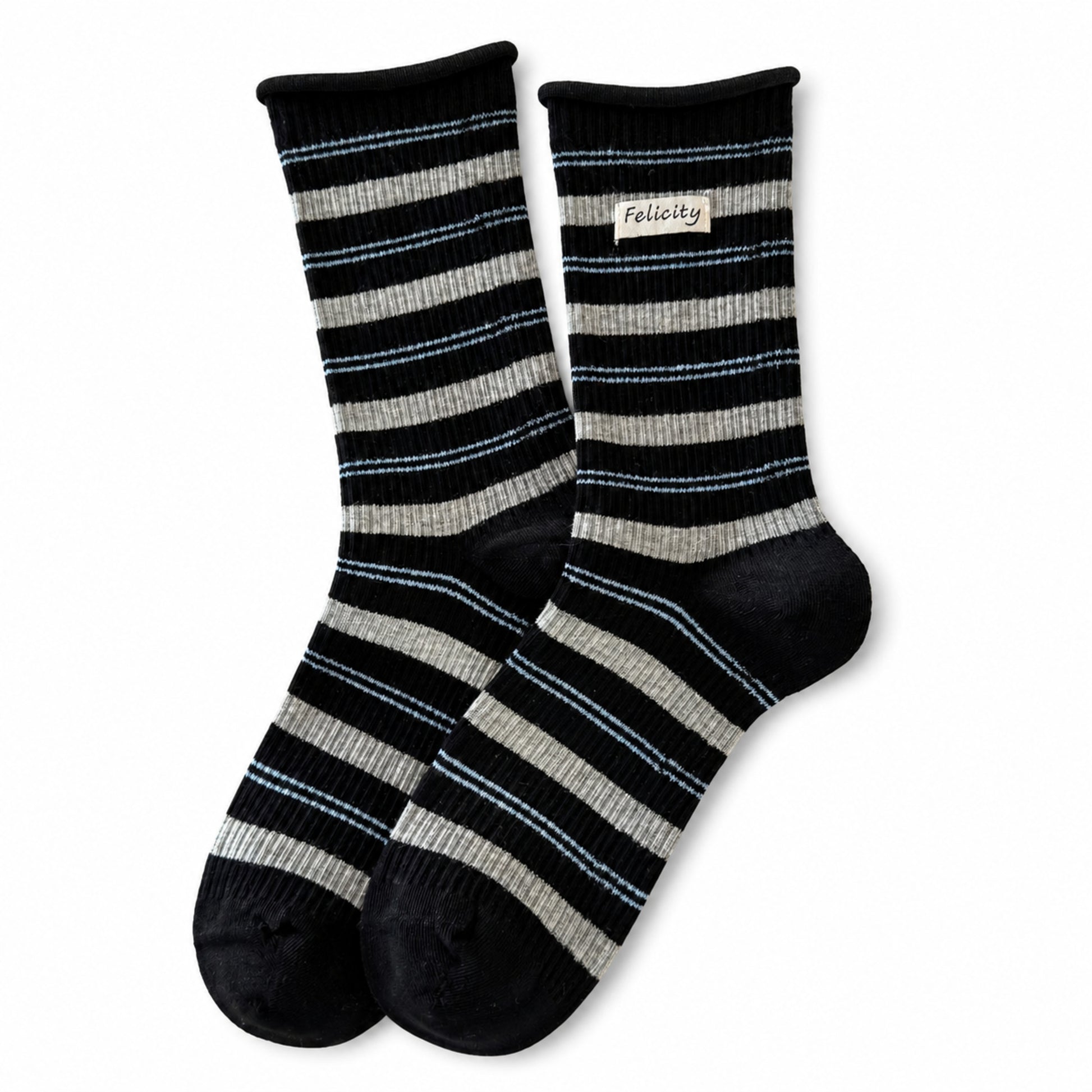 Black and gray striped cotton crew socks with woven label