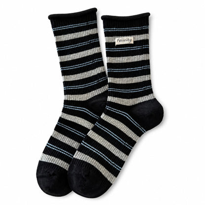 Black and gray striped cotton crew socks with woven label