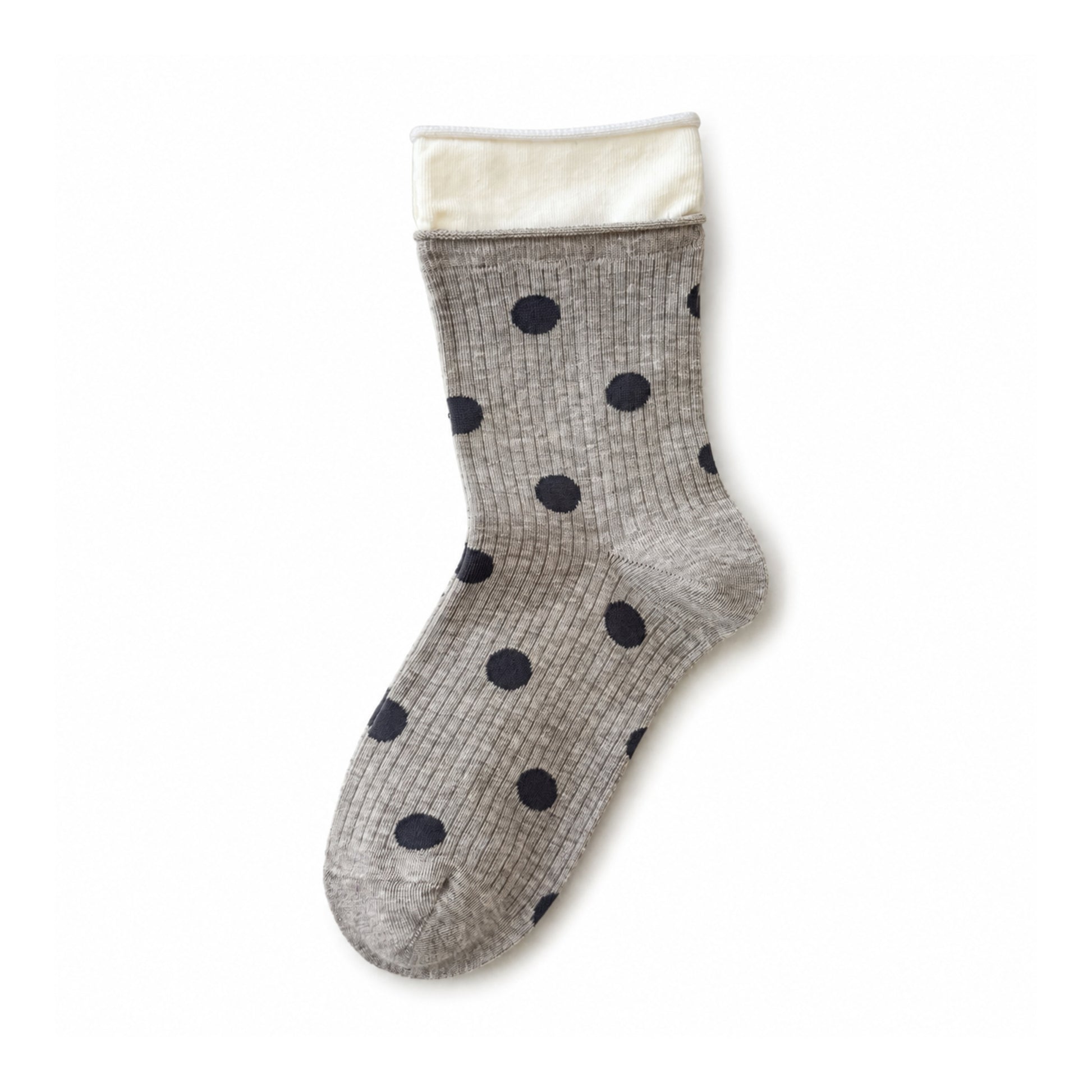 DOTLINE heather gray socks with navy dots and ivory cuff