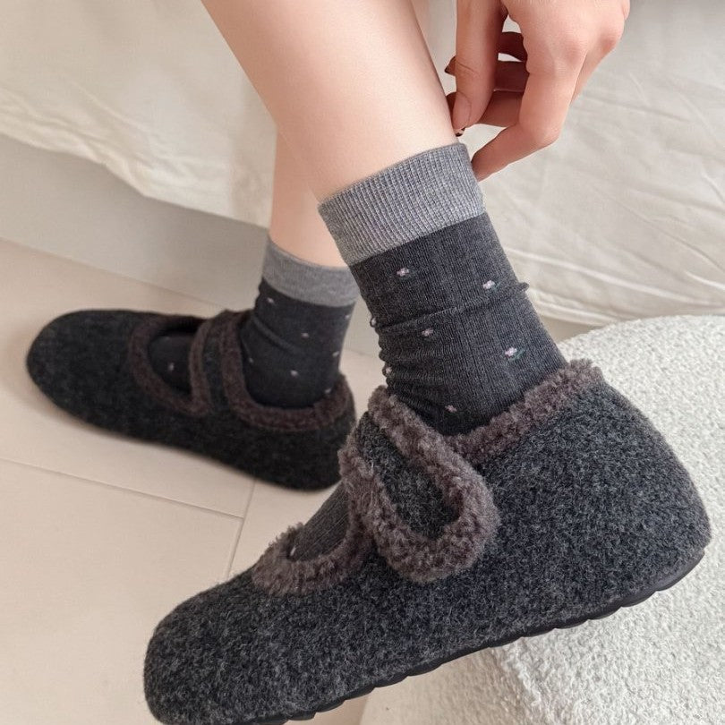 MEADOW original charcoal floral crew socks worn with flats
