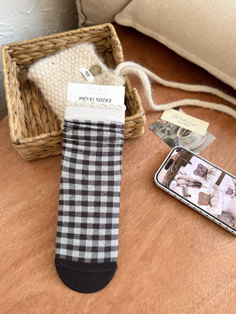 RIBBON original black and ivory gingham crew socks