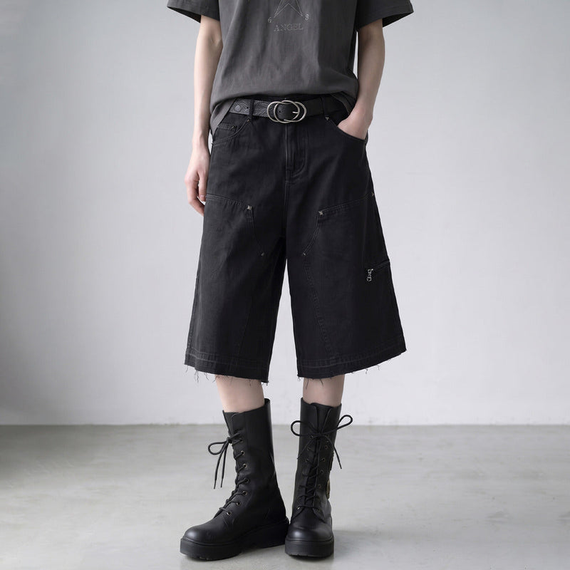 Front model view wearing REDRINSE TIMBER washed black cropped logger pants