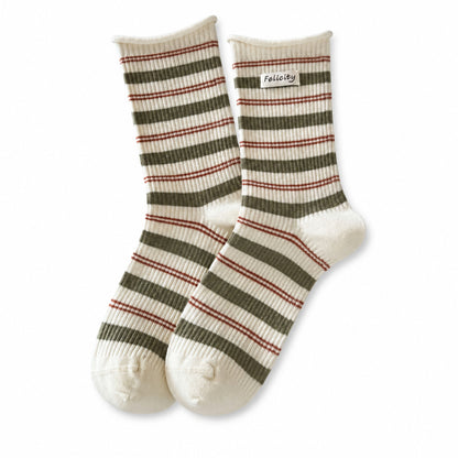 Ivory, olive and red striped cotton crew socks with woven label
