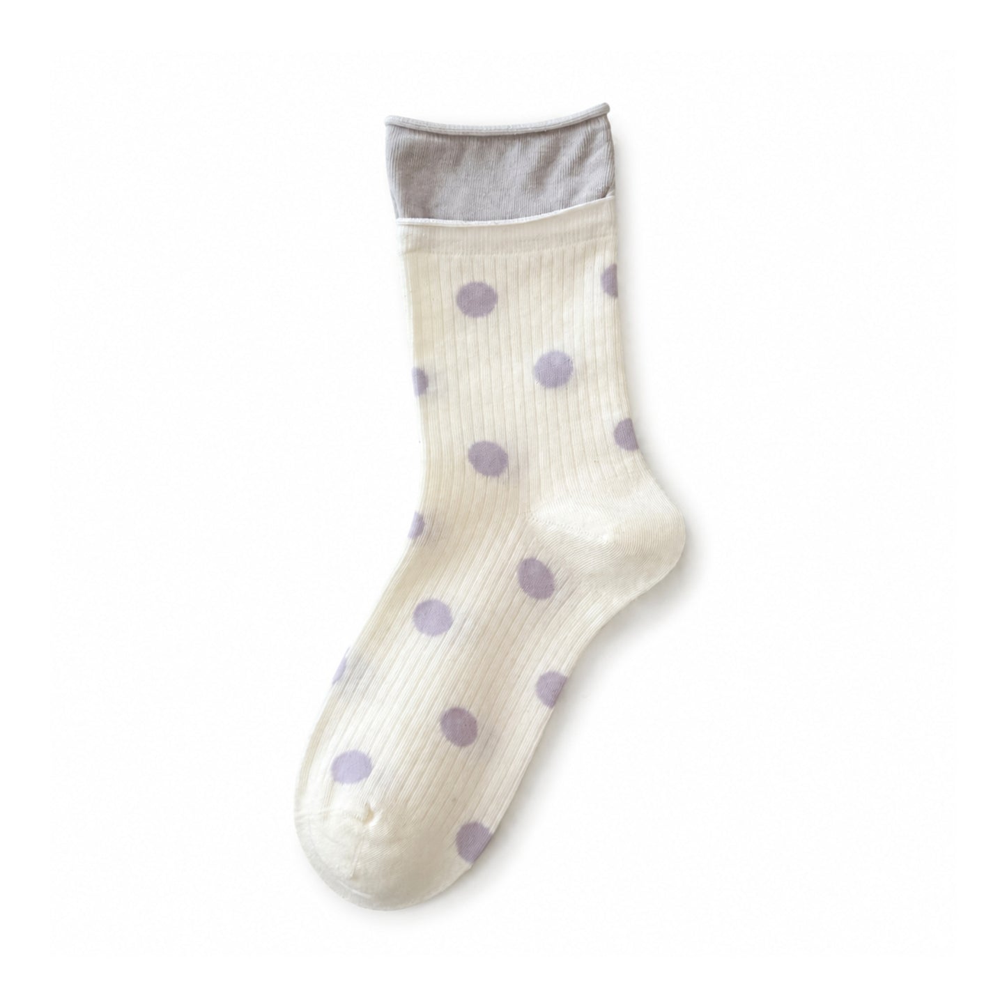 DOTLINE ivory socks with lavender dots and soft gray cuff