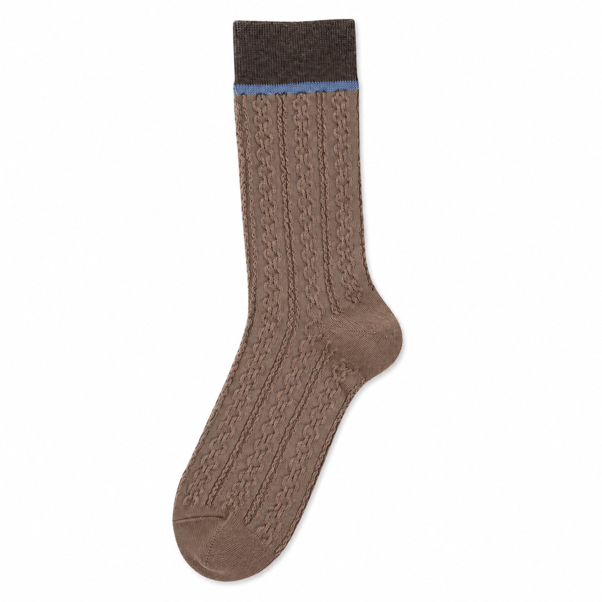 Khaki cable-knit crew socks with dark coffee cuff and blue trim
