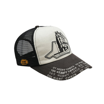 LOUNGE distressed canvas trucker hat three-quarter view on white background