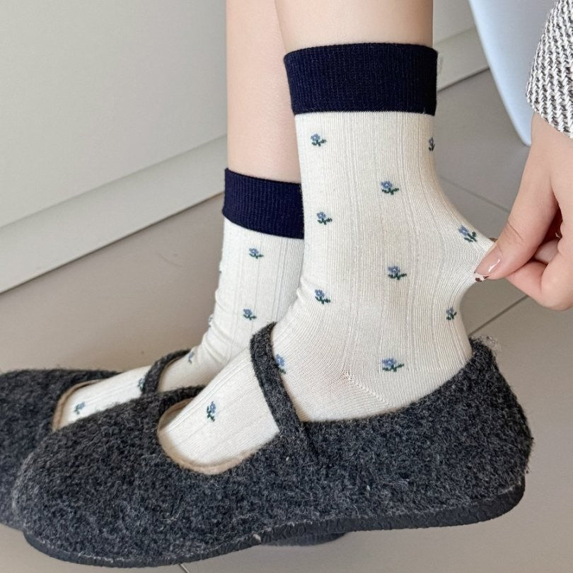 MEADOW original ivory floral crew socks worn with flats