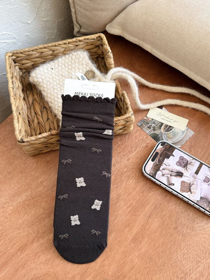 RIBBON original dark brown teddy bear and bow socks