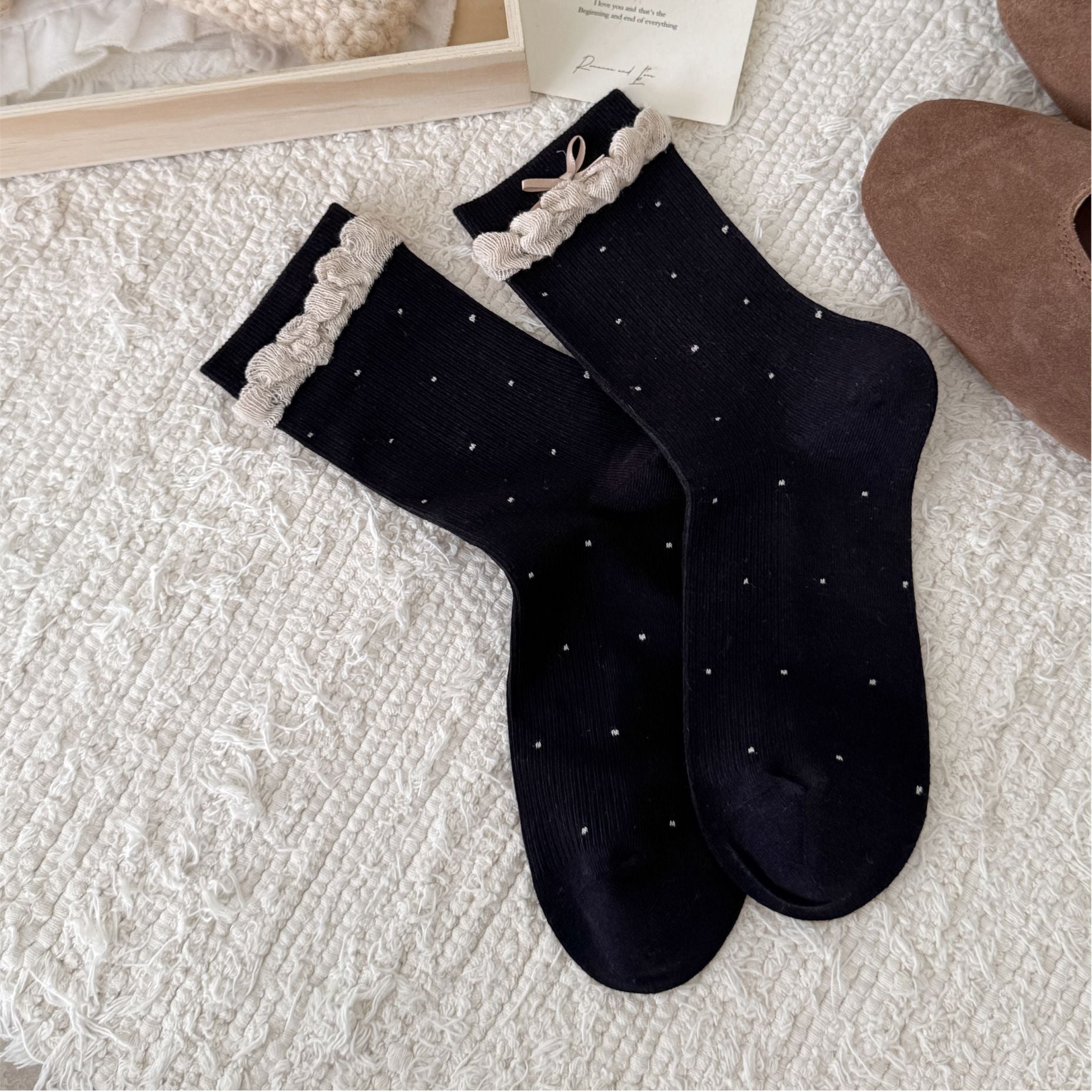 BALLERINA original black polka dot lace-trim sock pair