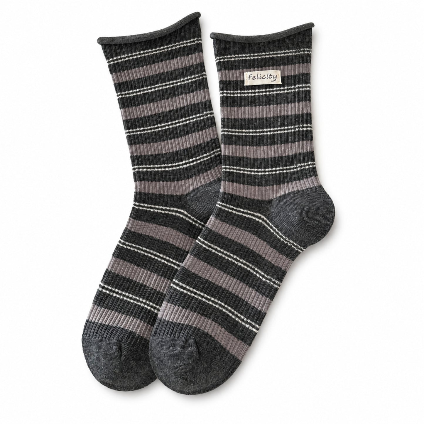 Charcoal gray and mauve striped cotton crew socks with woven label