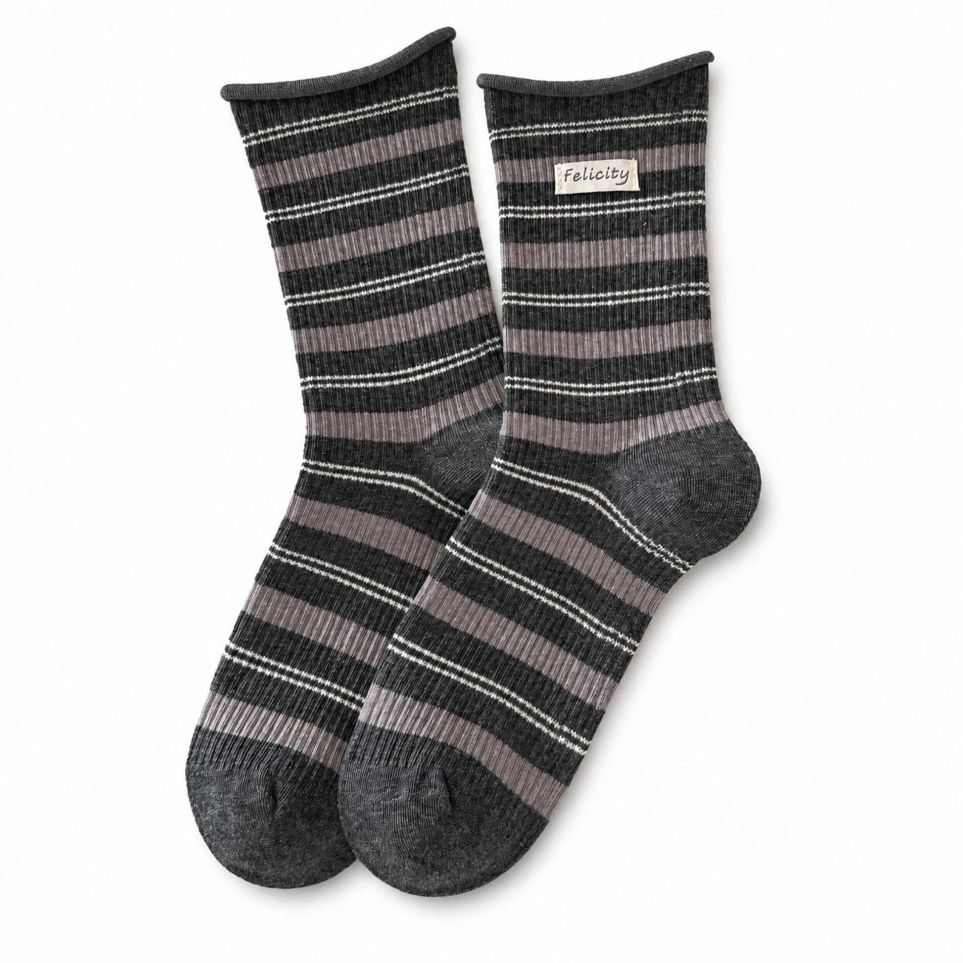 Charcoal gray and mauve striped cotton crew socks with woven label