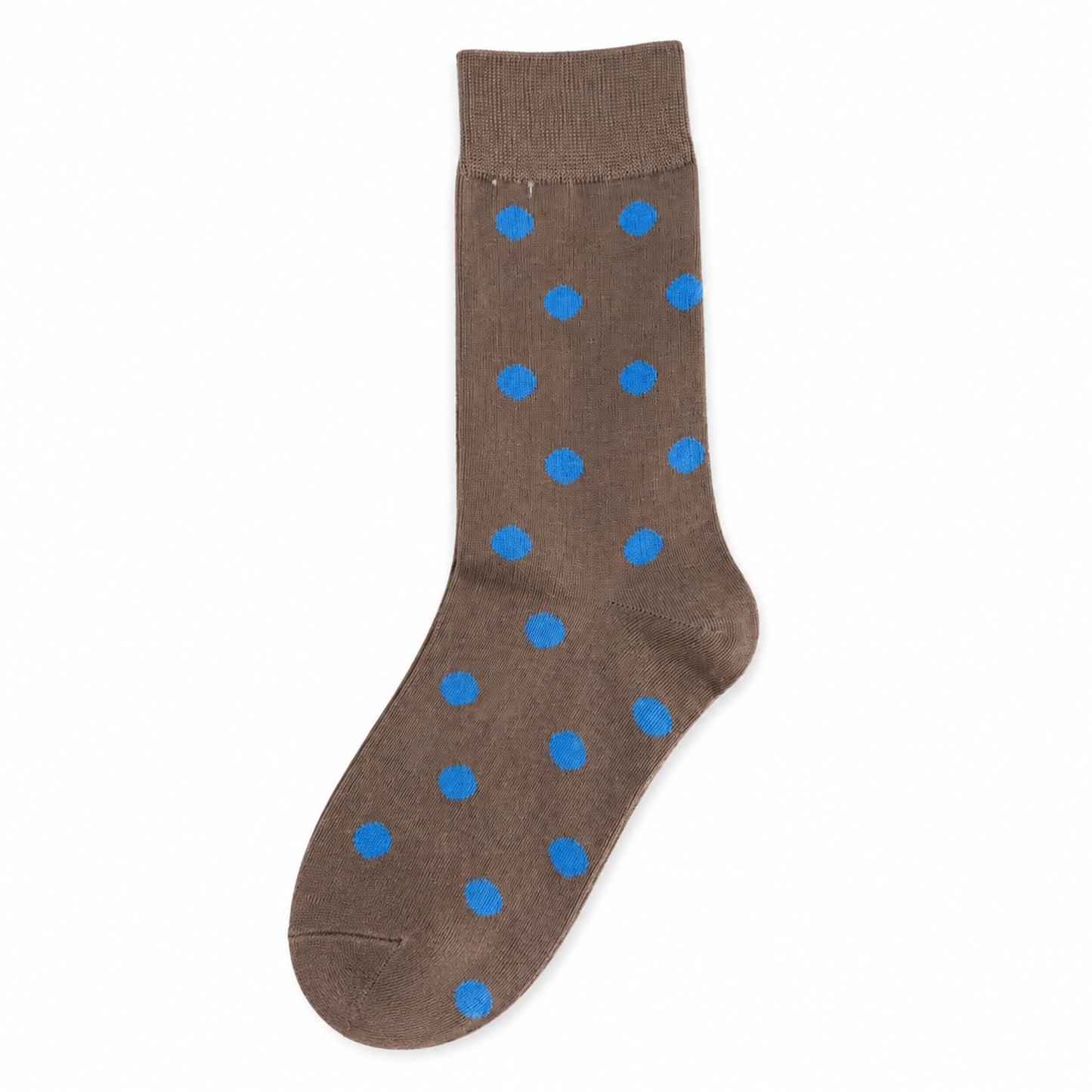 Khaki crew socks with bright blue polka dots