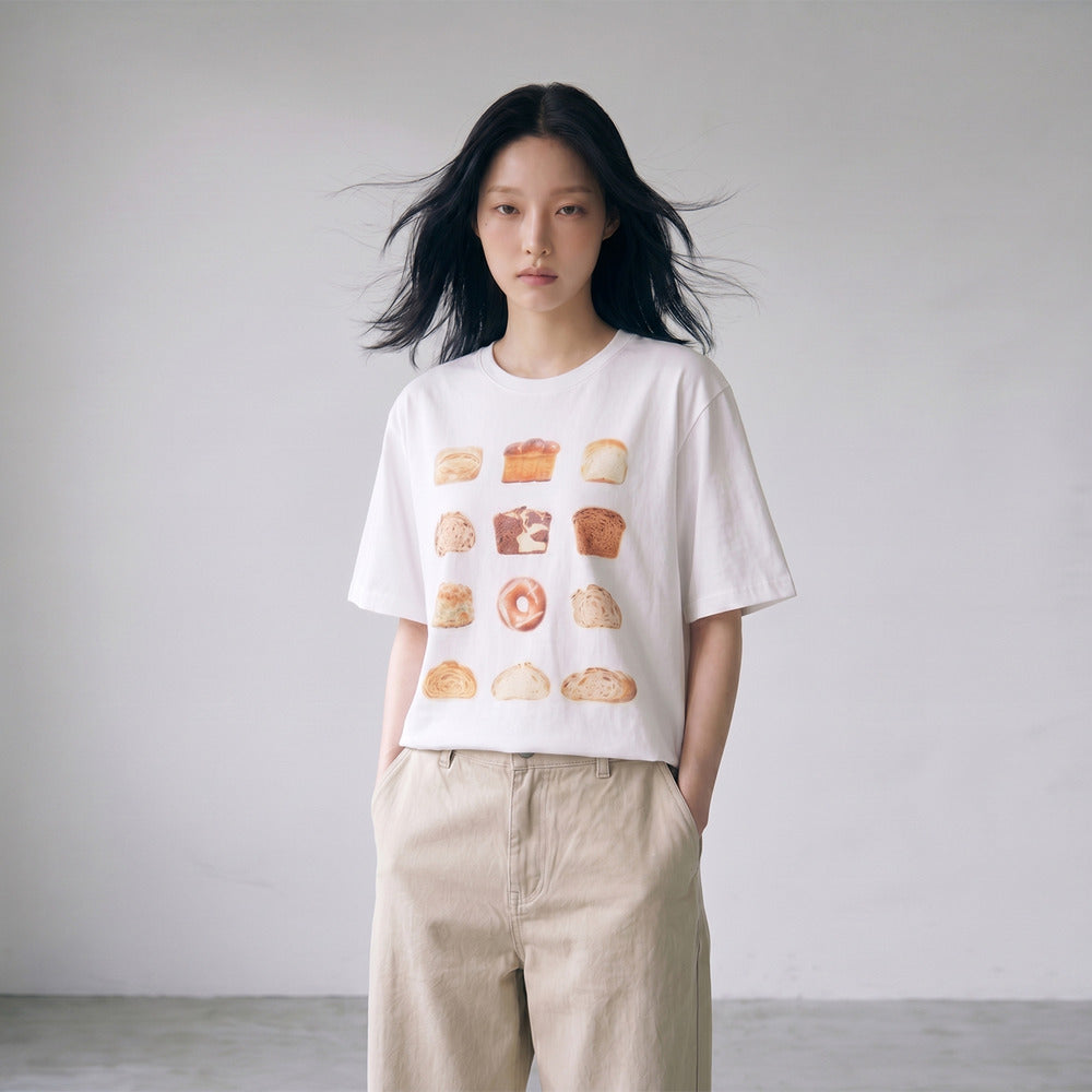 LOAF vintage bread print T-shirt worn by model, close front view