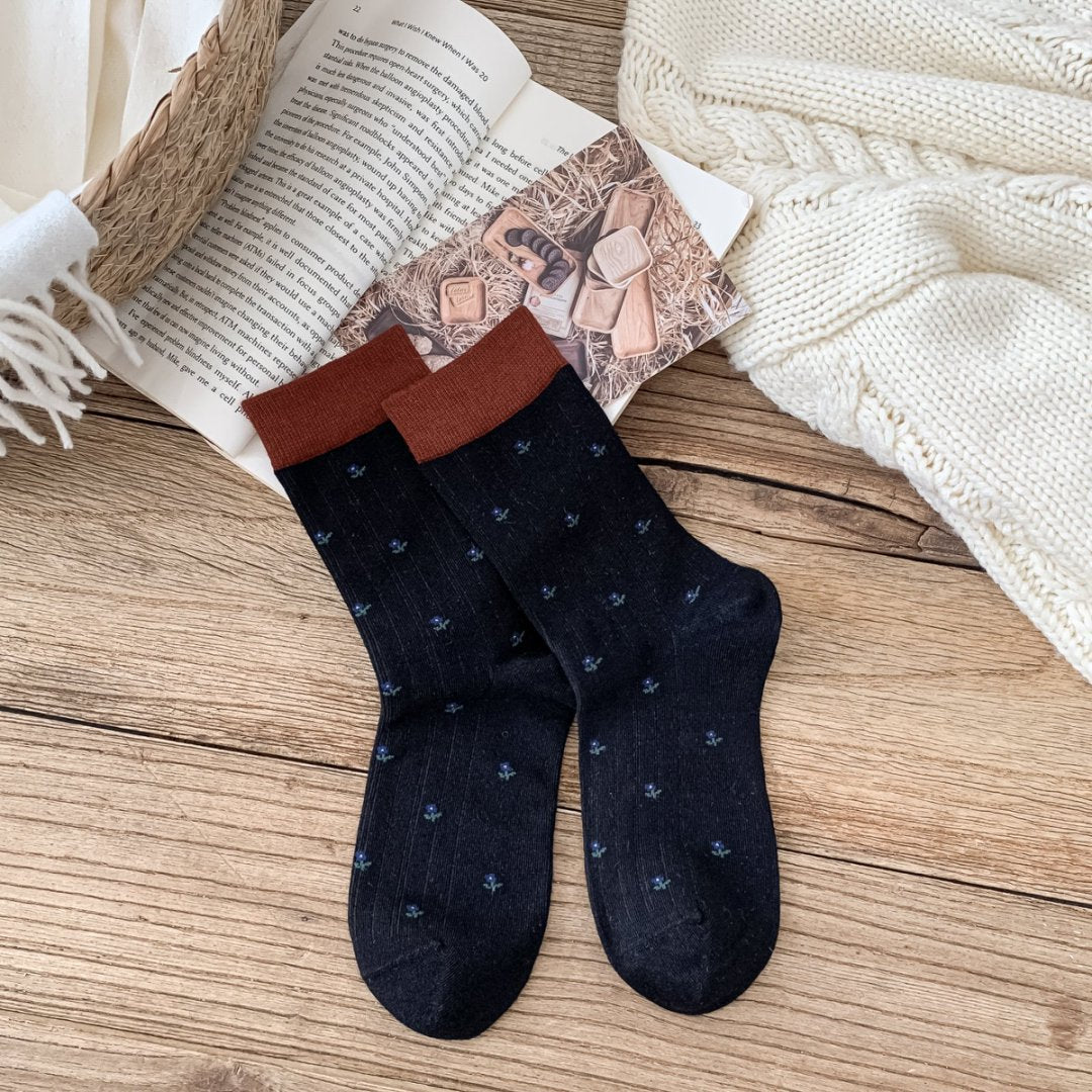 MEADOW original deep navy floral socks with rust cuff
