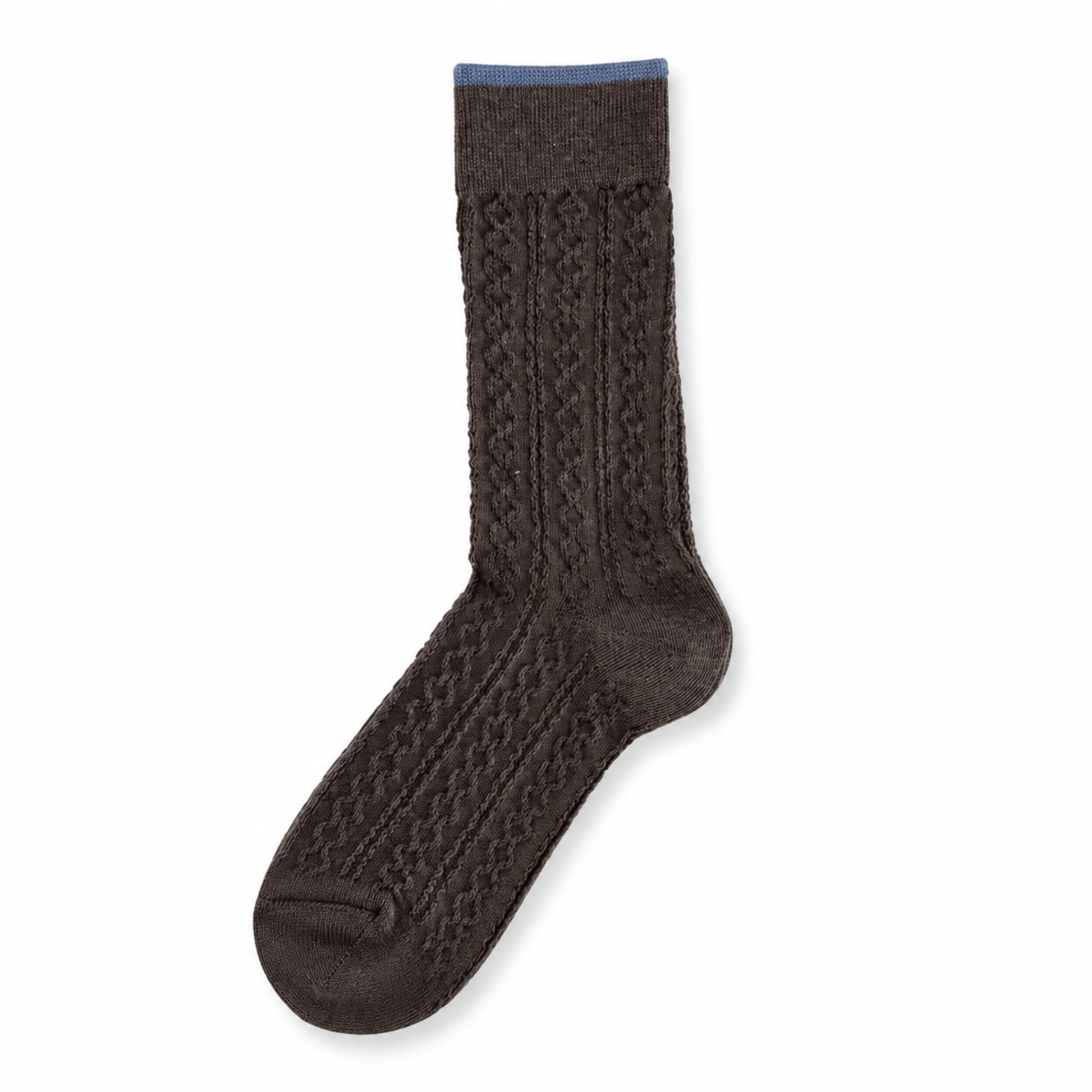 Dark coffee cable-knit crew socks with blue cuff accent