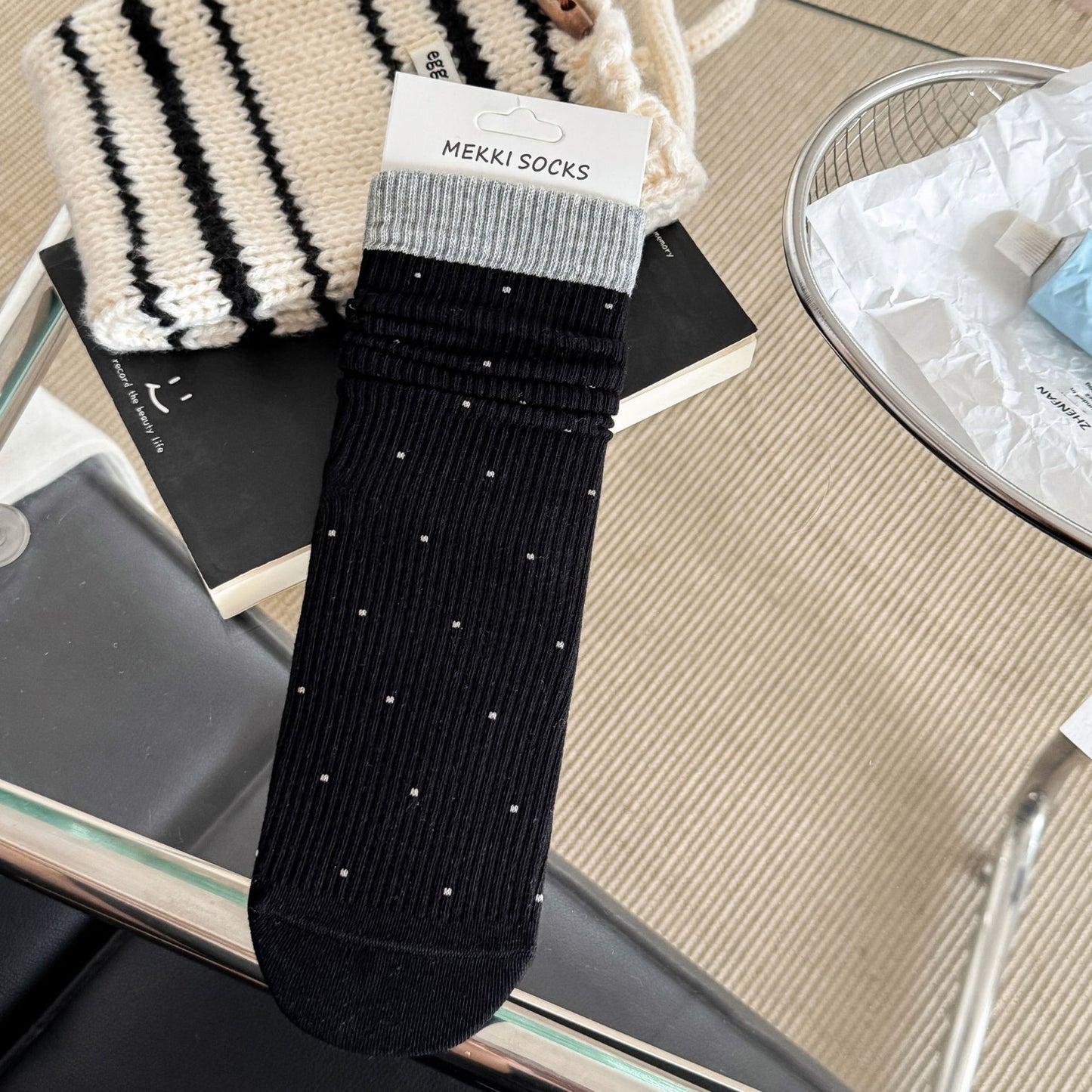 EASE original black socks with gray cuff and tiny dots