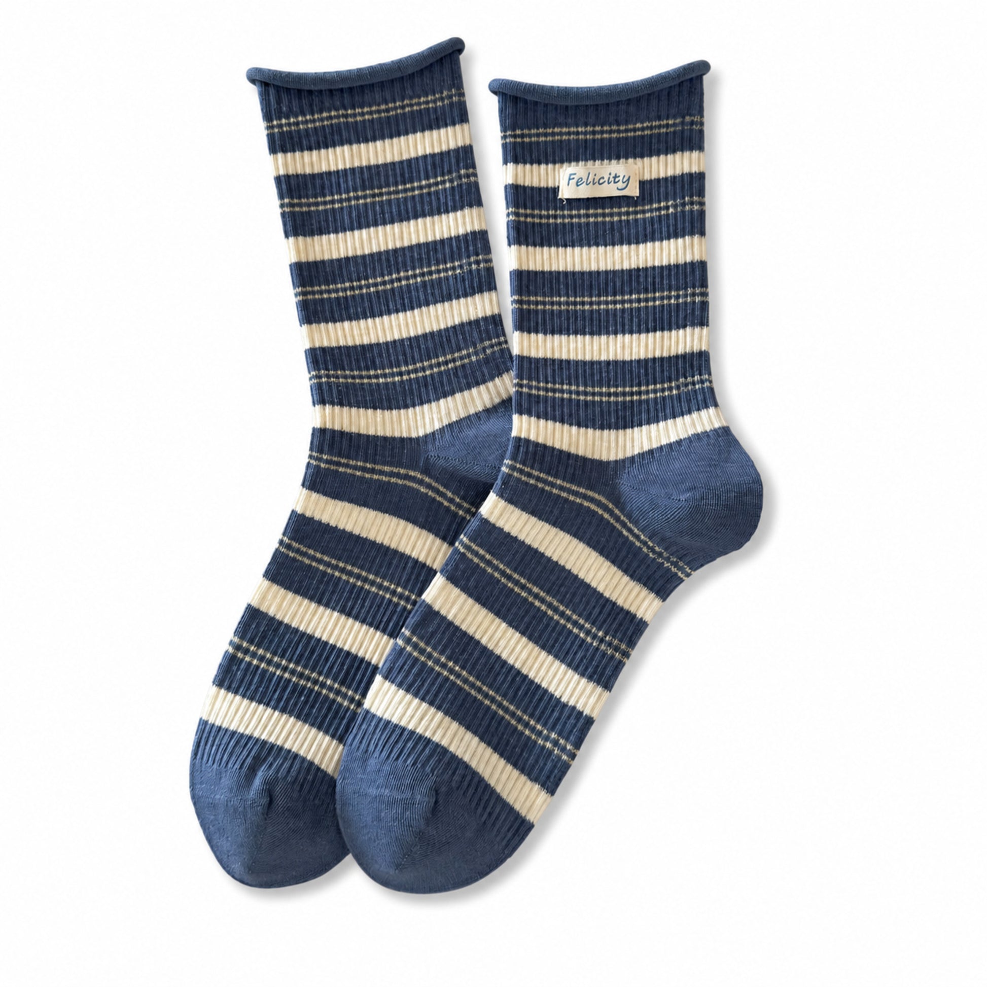 Denim blue and ivory striped cotton crew socks with woven label