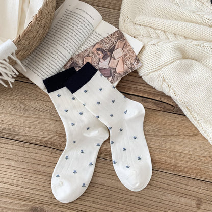MEADOW original ivory floral socks with navy cuff