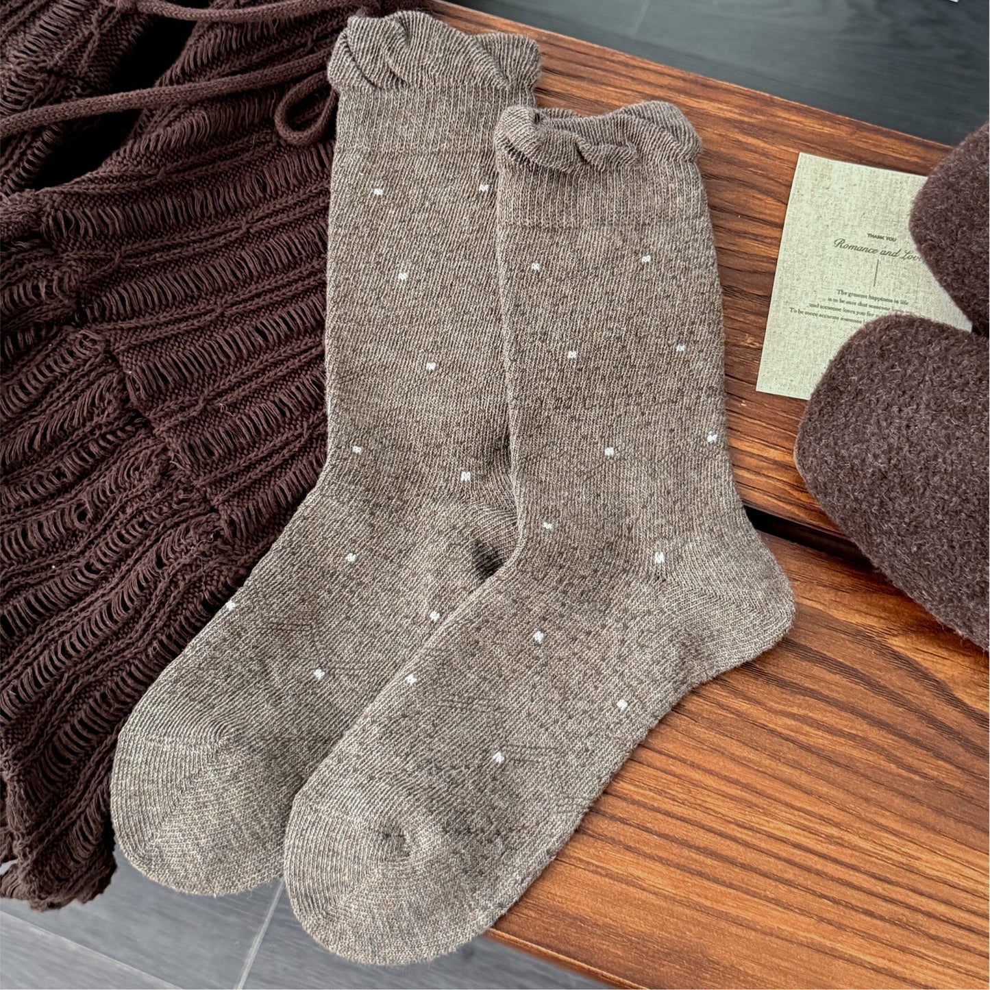 POPPY original deep gray-brown polka dot ruffle socks