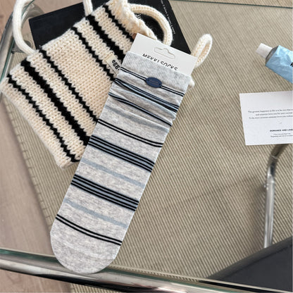 CHARM original light gray fine-stripe socks with blue button