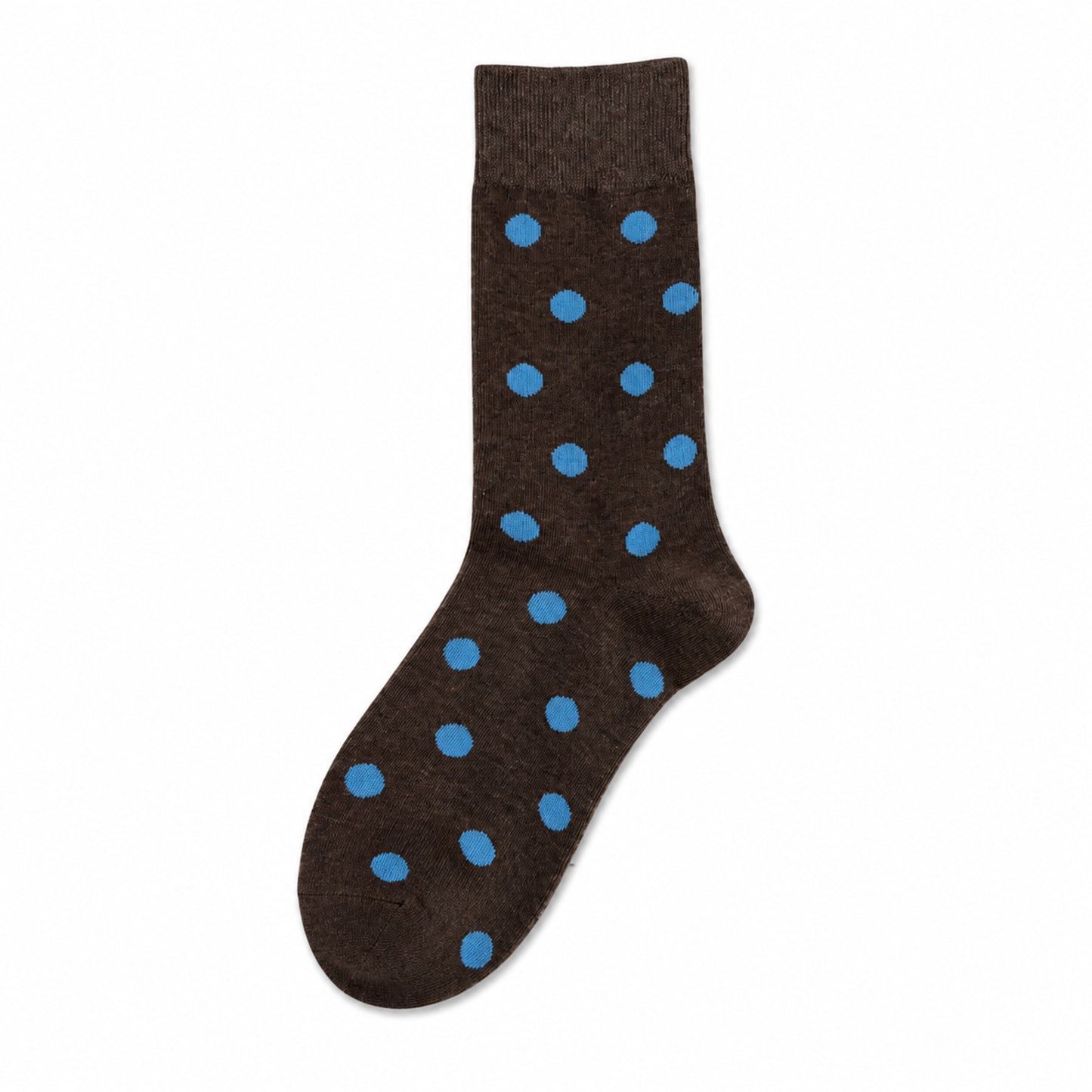 Dark coffee crew socks with bright blue polka dots