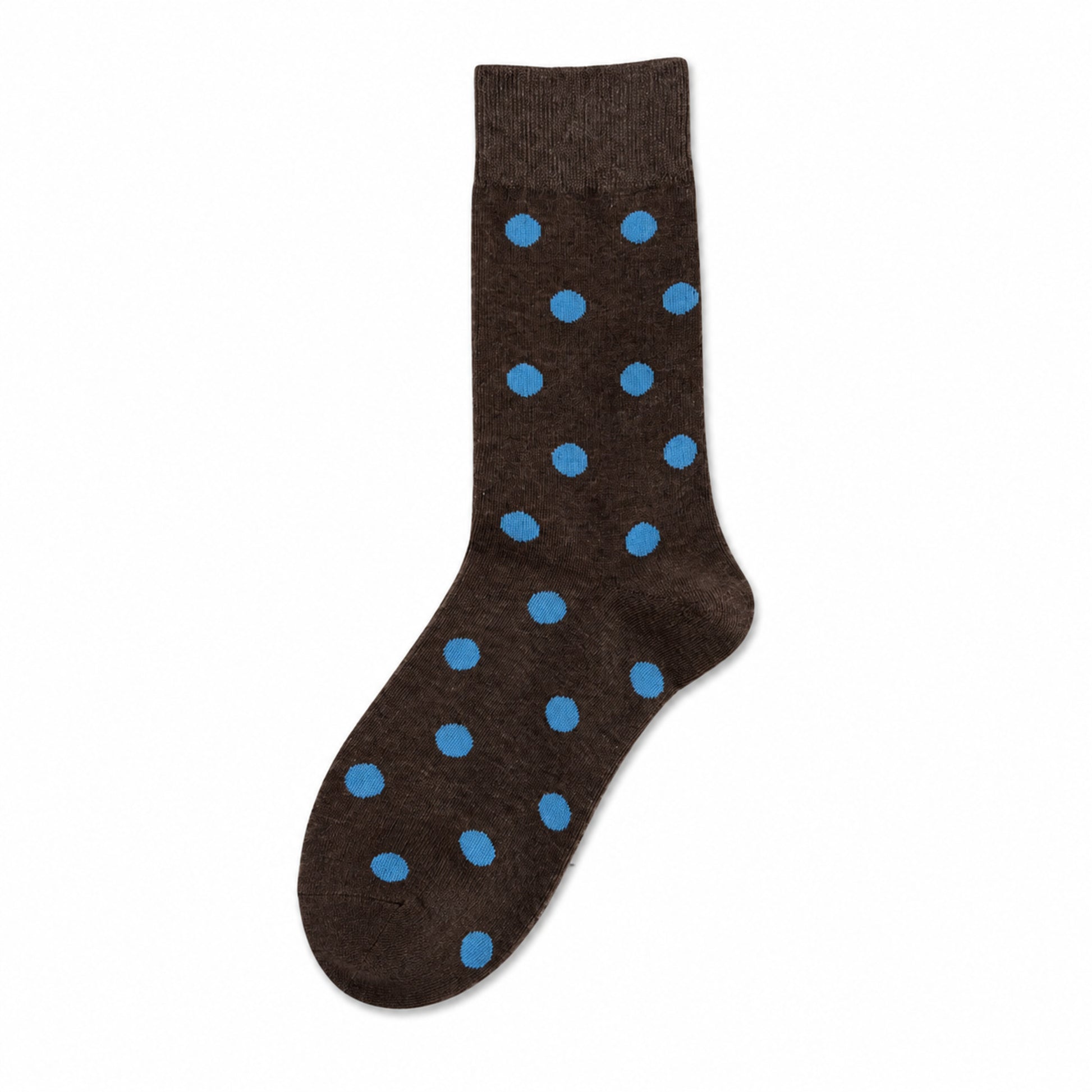 Dark coffee crew socks with bright blue polka dots