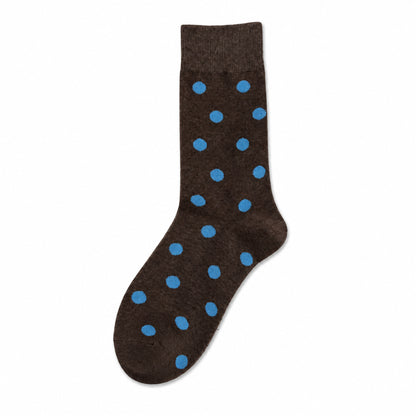 Dark coffee crew socks with bright blue polka dots