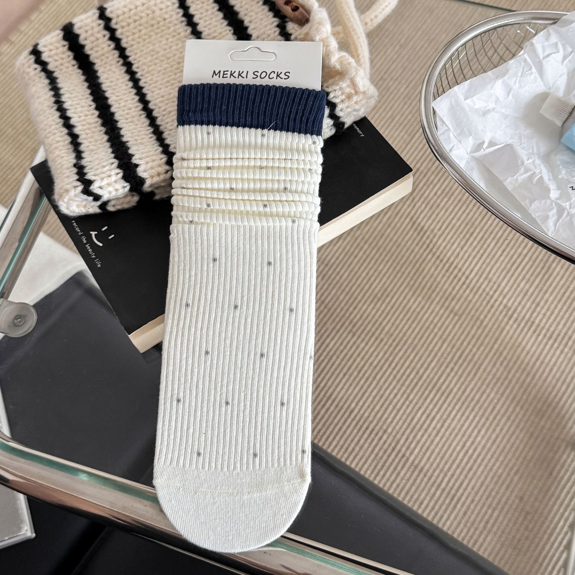 EASE original ivory socks with navy cuff and tiny dots
